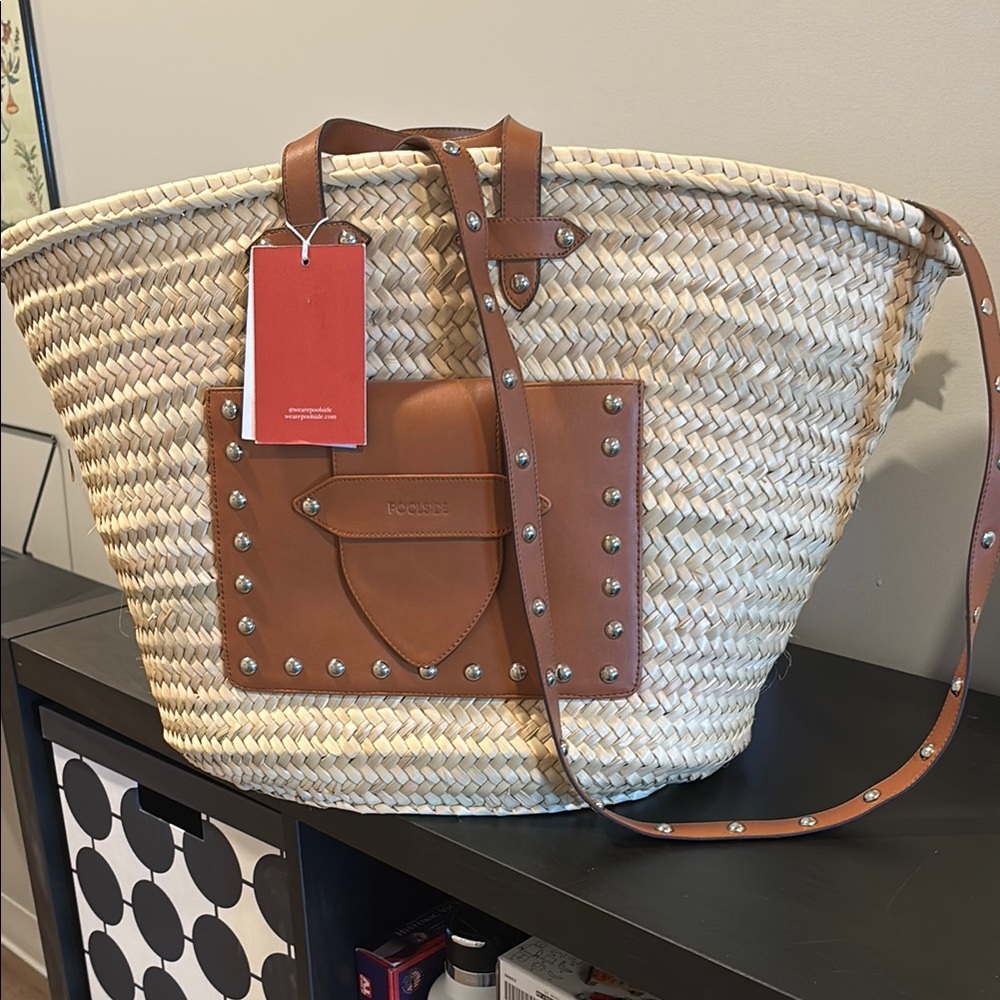 Poolside straw  Tote Bag with Leather Accents